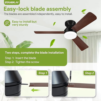 Ceiling Fans with Lights - 42 Inch Low Profile Ceiling Fan with Light and Remote, Reversible DC Motors, 3CCT Dimmable Noiseless, Black&Wood Flush Mount Ceiling Fan for Bedroom/Living Room