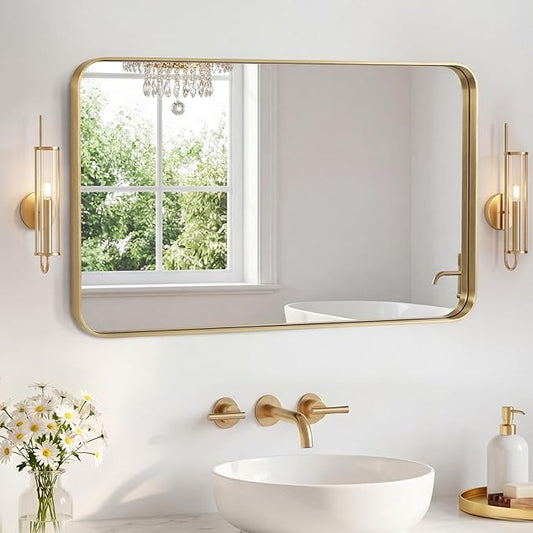 NEWBULIG 24X36 Inch Bathroom Mirror for Over Sink, Wall Vanity Mirrors Tempered Glass, Anti-Rust Metal Framed Rounded Rectangle, Hangs Horizontally or Vertically, Farmhouse Home Decor, Gold