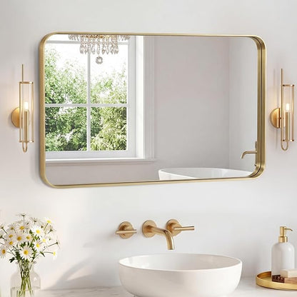 OLIXIS Bathroom Mirror for Over Sink, 36x24 Inch Wall Rounded Rectangle Mirror with Matte Metal Framed, Modern Wall Mount Vanity Mirror for Home Decor, Living Room, Bedroom, Gold