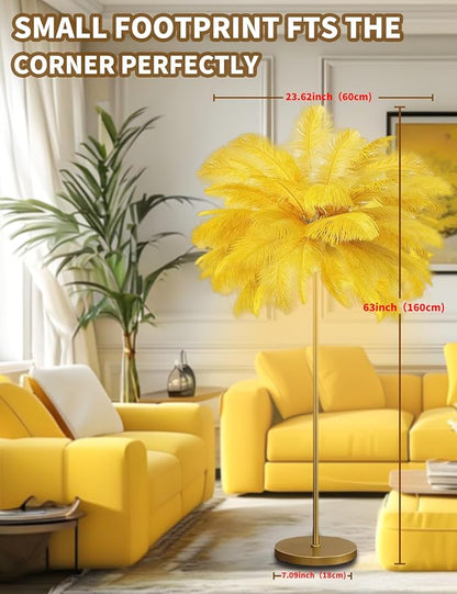 Feather Floor Lamp,Fluffy Ostrich Feather Floor Lamp for Bedroom,3 Color Temperatures Led Corner Modern Floor Lamps for Living Room Christmas Home Decor House Warming Gifts,63″ Height(Golden)