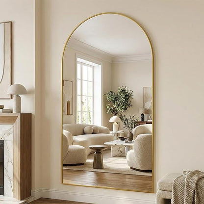 Suidia 76"x44" Arched Full Length Mirror with Stand, Full Body Mirror with Aluminum Frame, Freestanding/Leaning/Wall-Mounted, Floor Mirrors for Bedroom, Living Room, Entryway, Dressing Room, Gold