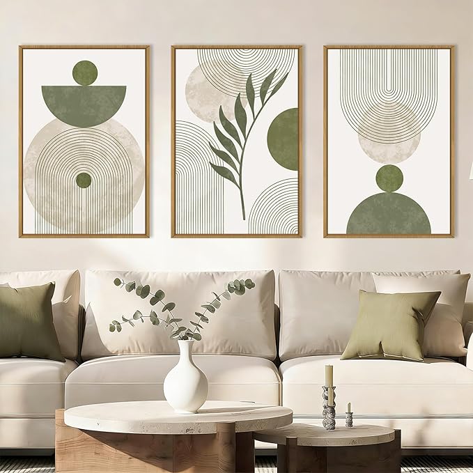 DRACIT Large Sage Green Boho Framed Canvas Wall Art Set,Abstract Modern Beige Green Arch Wall Decor,Minimalist Leaf Lines Artwork for Living Room,Bedroom,Office-24 x36 x3