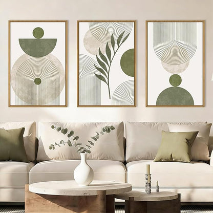 DRACIT Large Sage Green Boho Framed Canvas Wall Art Set,Abstract Modern Beige Green Arch Wall Decor,Minimalist Leaf Lines Artwork for Living Room,Bedroom,Office-24 x36 x3