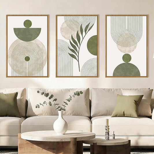 DRACIT Large Sage Green Boho Framed Canvas Wall Art Set,Abstract Modern Beige Green Arch Wall Decor,Minimalist Leaf Lines Artwork for Living Room,Bedroom,Office-24 x36 x3