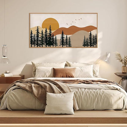 Large Boho Mountain Framed Canvas Wall Art Set,Nature Forest Pine Tree Wall Decor,Modern Mid Century Sunset Landscape Artwork for Living Room,Bedroom-20 x40