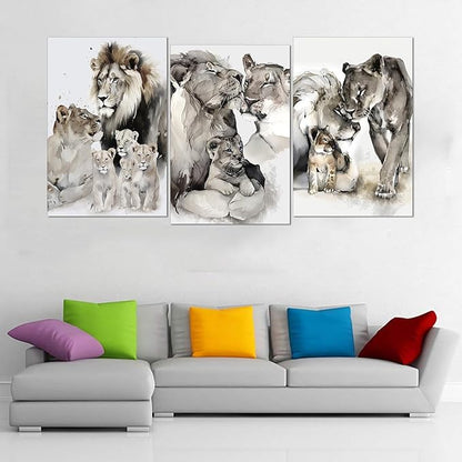 Large Wall Art Lion Family Pictures Wall Decor Artwork 3 Pieces Wild Animal Portrait Posters Watercolor Style Lion Prints for Living Room Office Decor Framed, 24"x36"x3