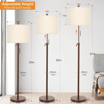 Qingmiao Metal Brown Floor Lamp for Living Room, Adjustable Height Standing Lamp, Pole Light for Bedroom, with Linen Shade and Metal Base, Pull Chain Switch, 3-Way 8W LED Bulb Included