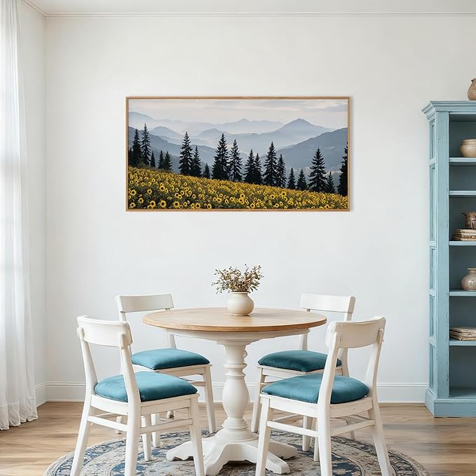 HPNIUB Mountain Sunflowers Landscape Framed Wall Art Set Nature Pine Tree Wall Decor,Boho Misty Forest Art Print Rustic Wildflower Painting Artwork for Living Room, Bedroom,Office-20''x40''