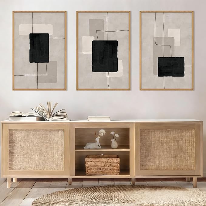 ANHUIB Modern Abstract Wall Art Canvas,Neutral Abstract Wall Art Framed,Contemporary Minimalist Prints,Geometric Line Artwork,3 Piece 16 * 24IN Mid Century Painting for Living Room Bedroom Office