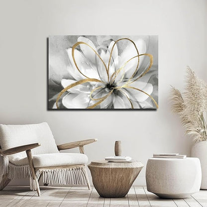 SOUGUAN White Floral Wall Decor Grey Background Modern Painting Wall Art 24"x36" Neutral Artwork Paintings for Bedroom Kitchen Pictures