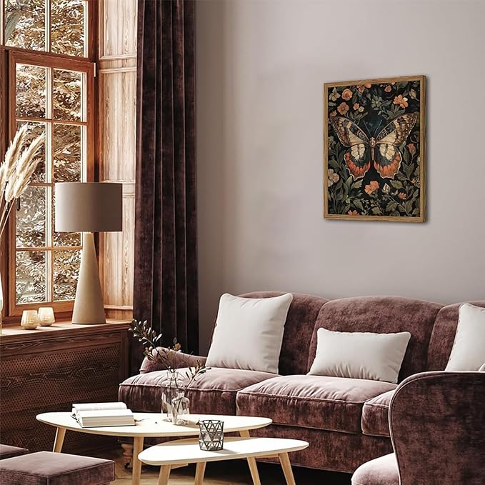 Framed Vintage Butterfly Wall Art, Dark Academia Flowers Insect Pictures Wall Decor Paintings, 3D Textured Sandstone Nature Botanical Prints for Living Room Bedroom Office Home Decor 12x16 inch