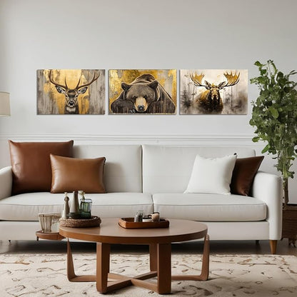 Woodland Animal Canvas Wall Art 3 Piece - Moose Elk Bear Picture Vintage Gold Painting Wildlife Prints Wall Decor Framed for Living Room Bedroom Cabin(Art-1,12.00"x16.00"x3P)