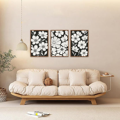 HLNIUC Vintage Floral Wall Art Canvas,Modern Black White Flower Artwork,Neutral Wildflower Wall Art Framed,Miinimalist Plant Painting,Retor Botanical Framed Decor for Living Room Bedroom Home-16x24x3