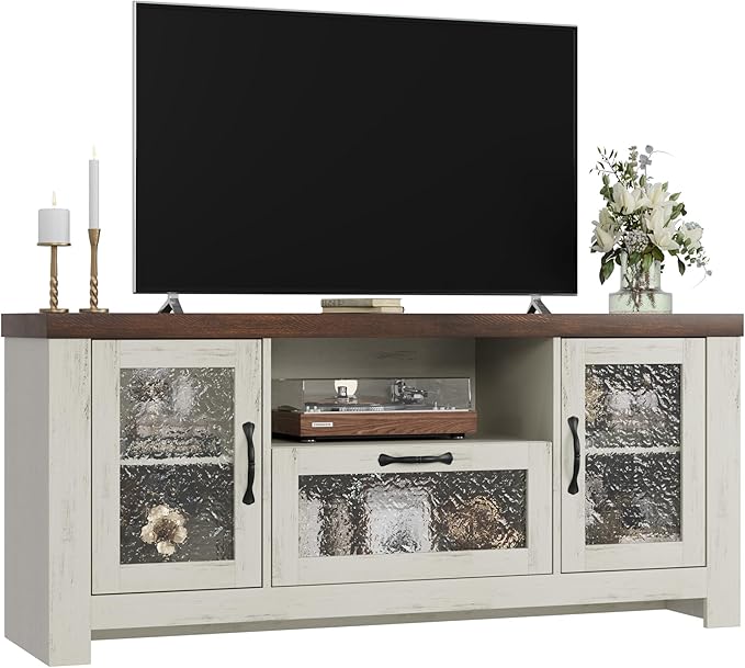 Farmhouse TV Stand for 60 Inch TVs, Wood Entertainment Center with Acrylic Door Storage Cabinets, Adjustable Shelves, Sturdy TV Console Table for Living Room Bedroom, Rustic White