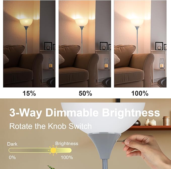 LALISU Floor Lamp, LED Standing Lamp 3 Way Dimmable Brightness Floor Lamp Rotary Switch Floor Lamps Modern Industrial Lamp with Shade, Tall Lamps for Living Room Bedroom Office Dining Room (Grey)