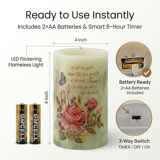 Real Wax Flameless Candle 4x6,Butterfly Rose Flickering LED Pillar Candle with Timer, Battery Operated, Romantic Floral Decor, Wedding & Valentine Centerpiece, Anniversary Decor for Wife or Girlfriend