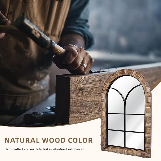 36x24 Inch Arched Window Pane Wall Mirror - Rustic Farmhouse Solid Wood Decorative Mirror for for Living Room, Bedroom, Entryway & Bathroom