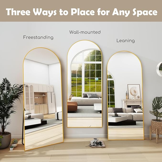 Prywot Arched Full Length Mirror, 64"x21" Free Standing Floor Mirror, Modern Full Body Mirrors with Stand, Wall Mirrors with Aluminum Alloy Frame for Bedroom,Living Room, Gold
