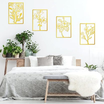 ZNZAPO 4 Pcs Large Gold Metal Flower Wall Art, Abstract Line Art Wall Decor, Minimalist Floral Wall Hanging Art, 3d Wall Art Sculptures Decor for Living Room Bedroom Bathroom (15.7 × 22.5”)
