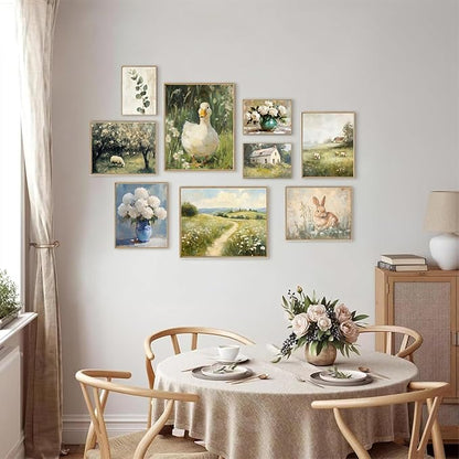 KBKBART 9pcs French Decor For Home - Country French Wall Art Posters, Easter Bunny Goose Pictures,Vintage Art Gallery Wall Prints Landscape Painting For Bedroom Decor(Unframed)
