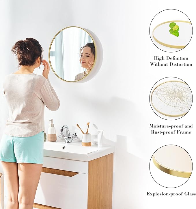 NEWBULIG Round Bathroom Mirror for Over Sink, 20 Inch Wall Mount Vanity Circle Mirror with Matte Metal Framed, Decor for Bathroom, Entryway, Bedroom, Gold