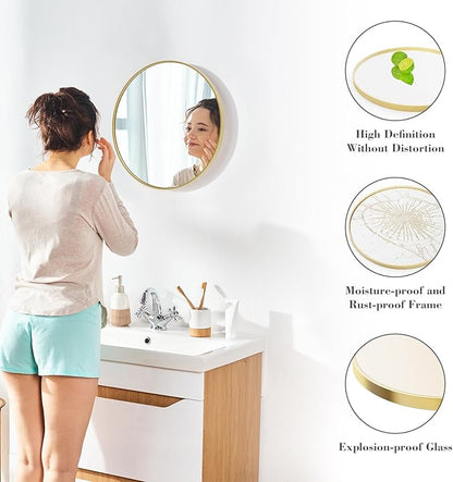 Sweetcrispy 20 Inch Round Wall Mirror with Tempered Glass, Bathroom Mirror Over Sink, Anti-Fog & Waterproof Round Mirror for Bathroom, Entryway, Bedroom, Shatterproof Design, Gold
