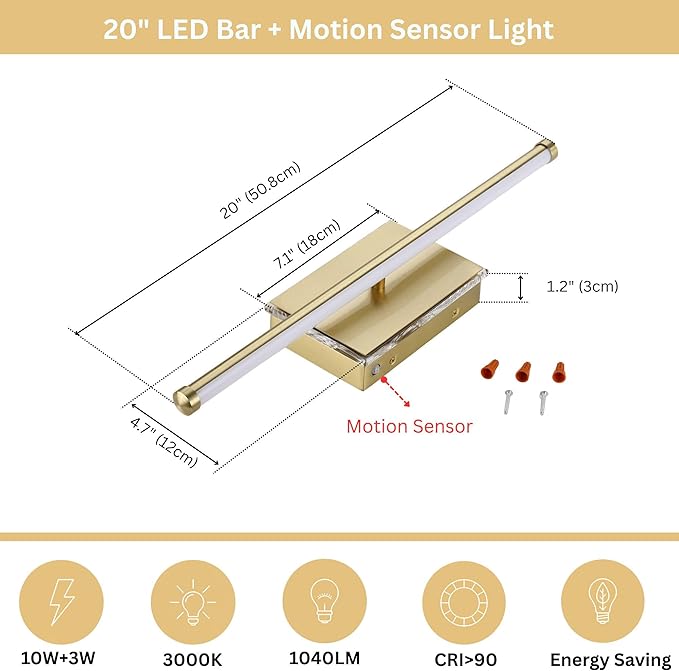 20-Inch Smart LED Vanity Light Bar | Dual Light Source (10W Main/3W Motion Sensor) | 4 Switch Modes (Incl. Night Light) | 3000K, 1040LM, CRI 90+, Dimmable, ETL(Brushed Gold)