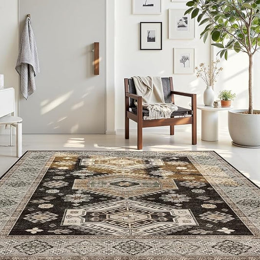 5x7 Area Rugs Black and White Washable Rug for Living Room, Dining Room, Bedroom, Large Carpets, Non Slip & Non-Shedding Low Pile Vintage Print Rug for Home Office Decor