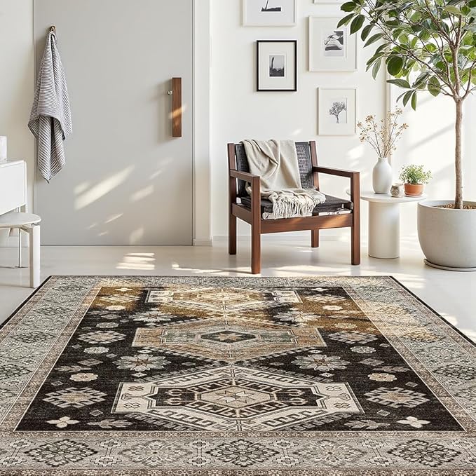 4x6 Area Rugs Black and White Washable Rug for Living Room, Dining Room, Bedroom, Large Carpets, Non Slip & Non-Shedding Low Pile Vintage Print Rug for Home Office Decor