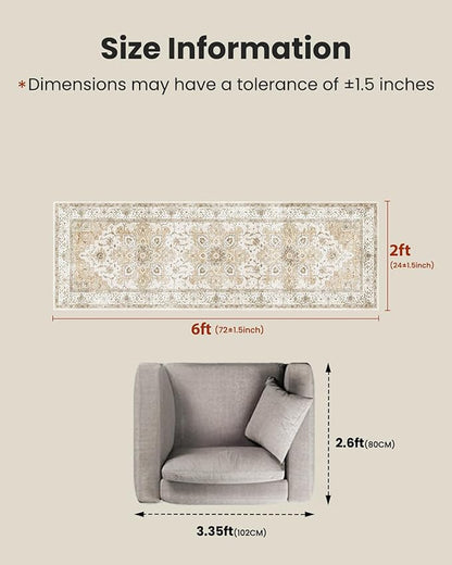AMADA HOMEFURNISHING 2x6 Washable Runner Rug, Low-Profile Kitchen Rugs with Non-Slip Backing & Durable Edge Binding, Vintage Entryway Runner Rug for Bedroom & Hallway