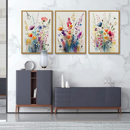 KISSFOX Framed Colorful Wildflower Canvas Wall Art Set Of 3 Flowers Pictures Prints Flowers Printing Floral Watercolors Flower wall Decor Living Room Girls Bedroom Bathroom