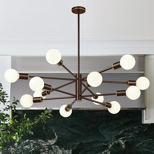 10.9"-52.3" Height Adjustable Sputnik Chandeliers Dining Room Light Fixture (12-Light, 33-Inch), Modern Brown and Gold Chandelier, Mid Century Modern Chandeliers for Dining Room (Bulbs Not Included)