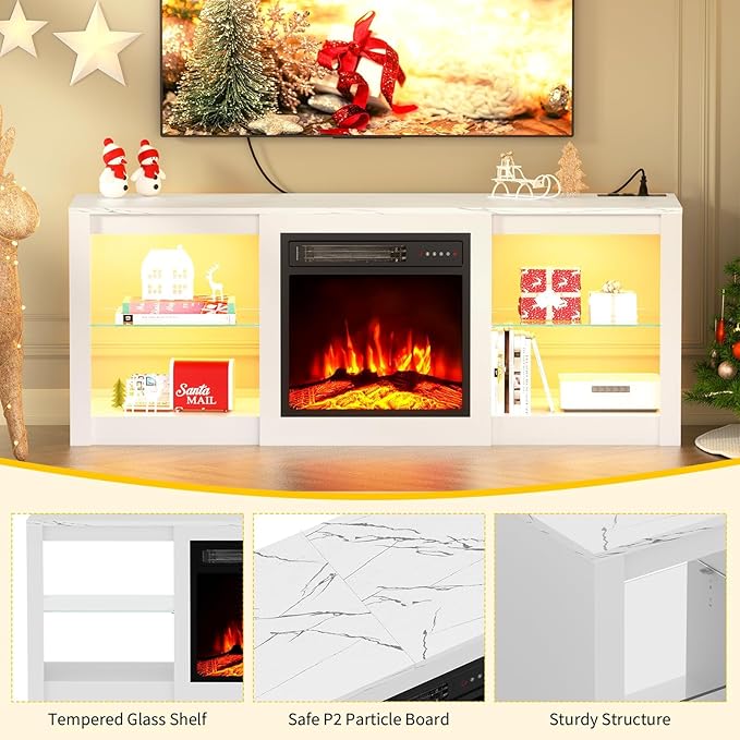 Kucreiheat 58 inch TV Stand with Fireplace-Entertainment Center with LED & Outlet for 65 inch TV-White Media Console with Adjustable Glass Shelves, Modern TV Table for Living Room/Bedroom