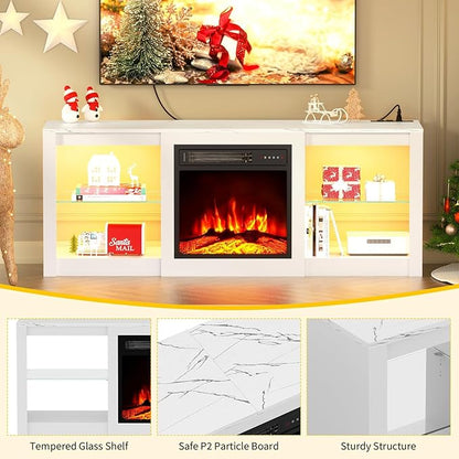 Kucreiheat 58 inch TV Stand with Fireplace-Entertainment Center with LED & Outlet for 65 inch TV-White Media Console with Adjustable Glass Shelves, Modern TV Table for Living Room/Bedroom