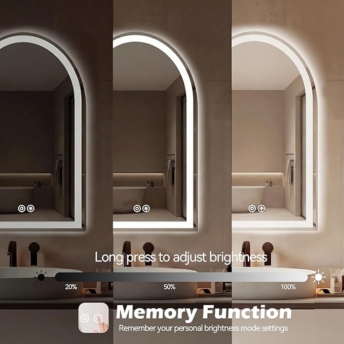 Sweetcrispy 20“×28” LED Bathroom Backlit Mirror with Lights, Arched Lighted Bathroom Vanity Mirror with Anti-Fog, Dimmable, 3-Color Light, Memory Function, Tempered Glass, Water-Proof Design