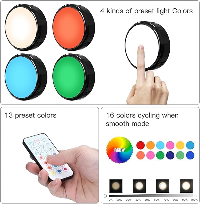 HELPLEX Puck Lights, 16 Colors Changeable Under Cabinet Lights Battery Powered Dimmable LED Puck lightings Under Counter Lights, with 2 Remote Controls, Timing Function, 18 AA Batteries
