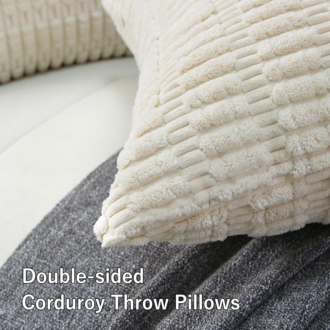 2 Pack Corduroy Decorative Throw Pillow with Inserts, 18x18 Inch Soft Boho Throw Pillow, Square Striped Throw Pillows for Couch, Bed, Sofa Decor (White)