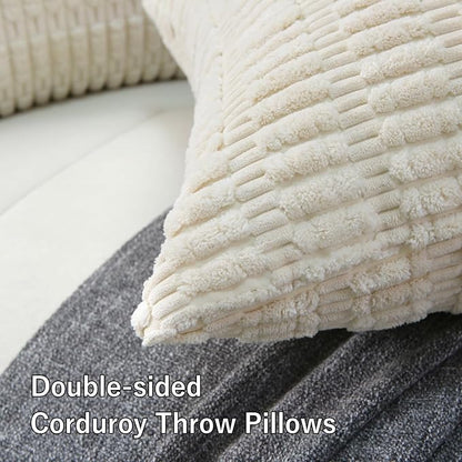 2 Pack Corduroy Decorative Throw Pillow with Inserts, 18x18 Inch Soft Boho Throw Pillow, Square Striped Throw Pillows for Couch, Bed, Sofa Decor (White)