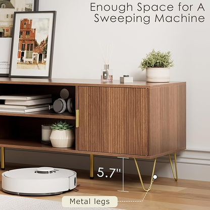 TV Stand for 55-65 Inch TV, Entertainment Center with Soft Hinge Door,TV Console Table with 2 Cabinets with Gold Handle and Feet,for Living Room, Bedroom, Walnut