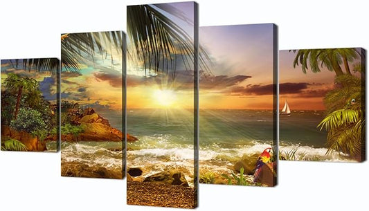 Scene of Sea Waves Palm Tree Landscape Picture Modern Painting on Canvas 5 Piece Framed Wall Art for Living Room Bedroom Kitchen Home Decor Stretched Canvas Wrap Giclee Print (60’’W x 32’’H)