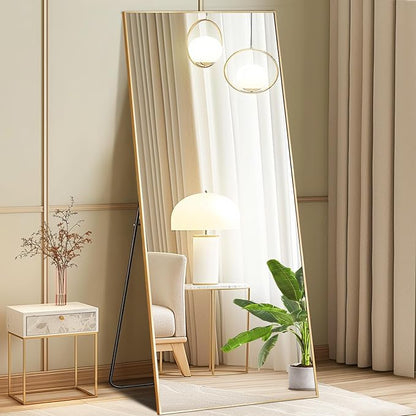 Sweetcrispy 64"x21" Full Length Mirror, Full Body Mirror with Aluminum Alloy Thin Frame, Leaning or Standing, Suitable for Bedroom, Livingroom, Cloakroom, Gold