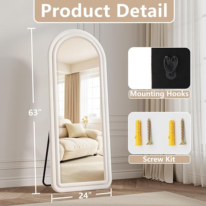 Flannel Full Length Mirror 63"x24", Arched Mirrors Full Length with Stand, Flannel Floor Mirror for Bedroom and Living Room, Full Body Mirror Hanging or Leaning, White