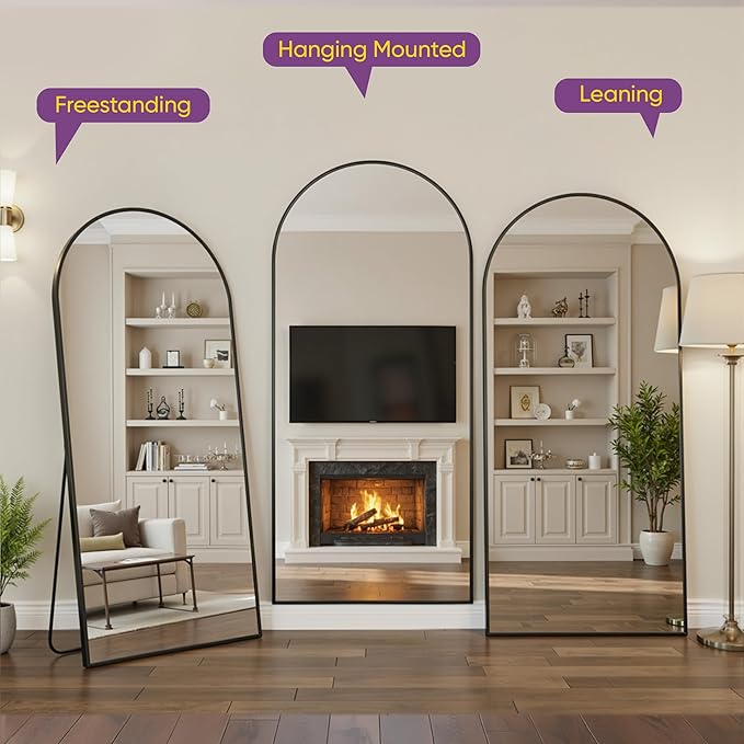 Full Length Mirror, 71"x27" Arched Floor Mirror Freestanding, Floor Standing Full Body Mirror with Stand for Bedroom, Hanging Mounted for Living Room Cloakroom, Black