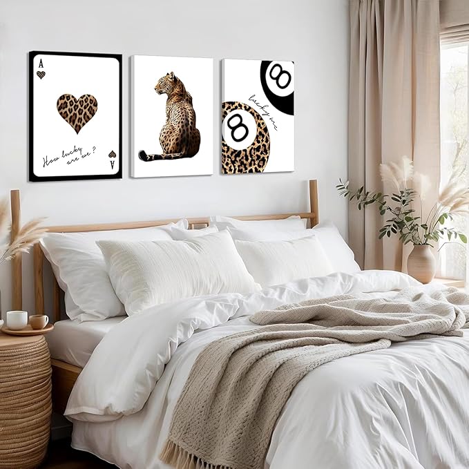 Set of 3 Trendy Leopard Canvas Wall Art, Cheetah & Lucky 8 Ball Playing Card Posters, Preppy Girly Aesthetic Room Decor for Bedroom Dorm Apartment, Framed Prints 16x24 or 12x16 Inch