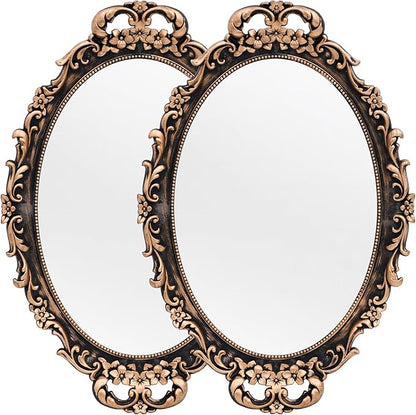 Tstarer Vintage Decorative Gold Framed Mirror, Wall Hanging Mirrors & Tabletop Tray for Bedroom Living Room Dresser Decor, Oval- 9.6" W x 14.3" L (BRONZE-2PACK)