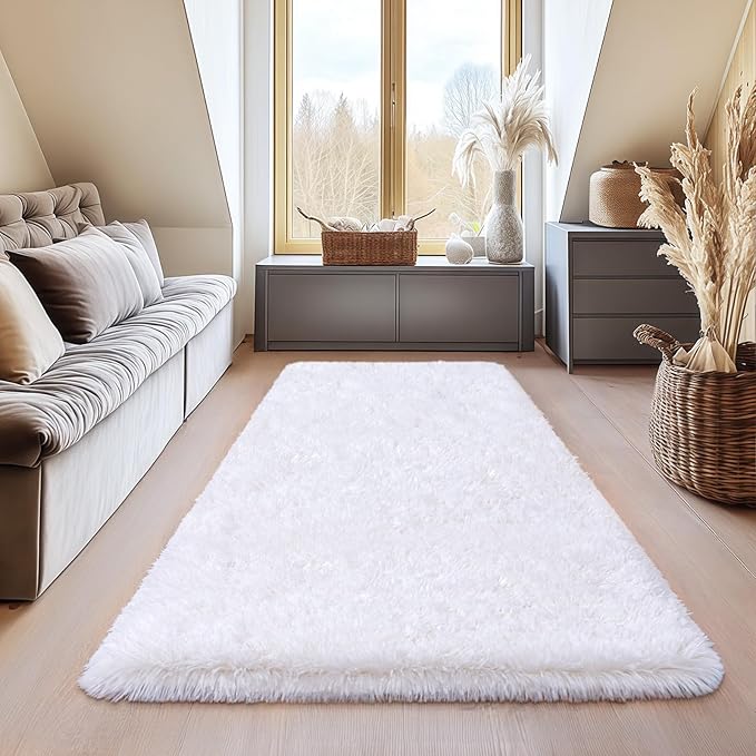 Fluffy Area Rugs for Living Room, White Soft Shaggy Carpets for Living Room, Upgrade Anti-Slip Fuzzy Rugs for Kids' Room, Perfect Decor for Modern Home 2x6Feet