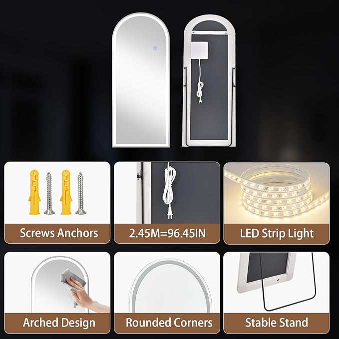 LED Arched Full Length Mirror with Lights 65"x26" - Lighted Floor Mirror with Dimming & 3 Color Lighting, Aluminum Frame Standing Leaning or Hanging for Bedroom Cloakroom White