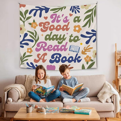 Soft Flannel Wall Tapestry - It's A Good Day to Read A Book - Boho Floral Tapestry Wall Hanging Decor for Bedroom,Living Room,Cozy Aesthetic Home Decoration,Unique Gift For Women 59x51Inch(Colorful-good day)