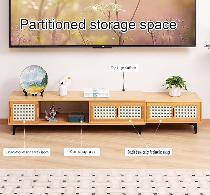 TV Stand, Modern TV Cabinet Entertainment Center Media Shelf with Storage, TV Console Table with Plastic Rattan Door for Living Room,Bedroom Retractable 126-210CM,B