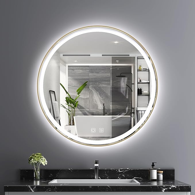Itrue 36 Inch LED Bathroom Round Mirror, Gold Metal Frame, Adjustable Color Temp & Brightness,Anti-Fog,Shatter-Proof Tempered Vanity Mirror for Wall